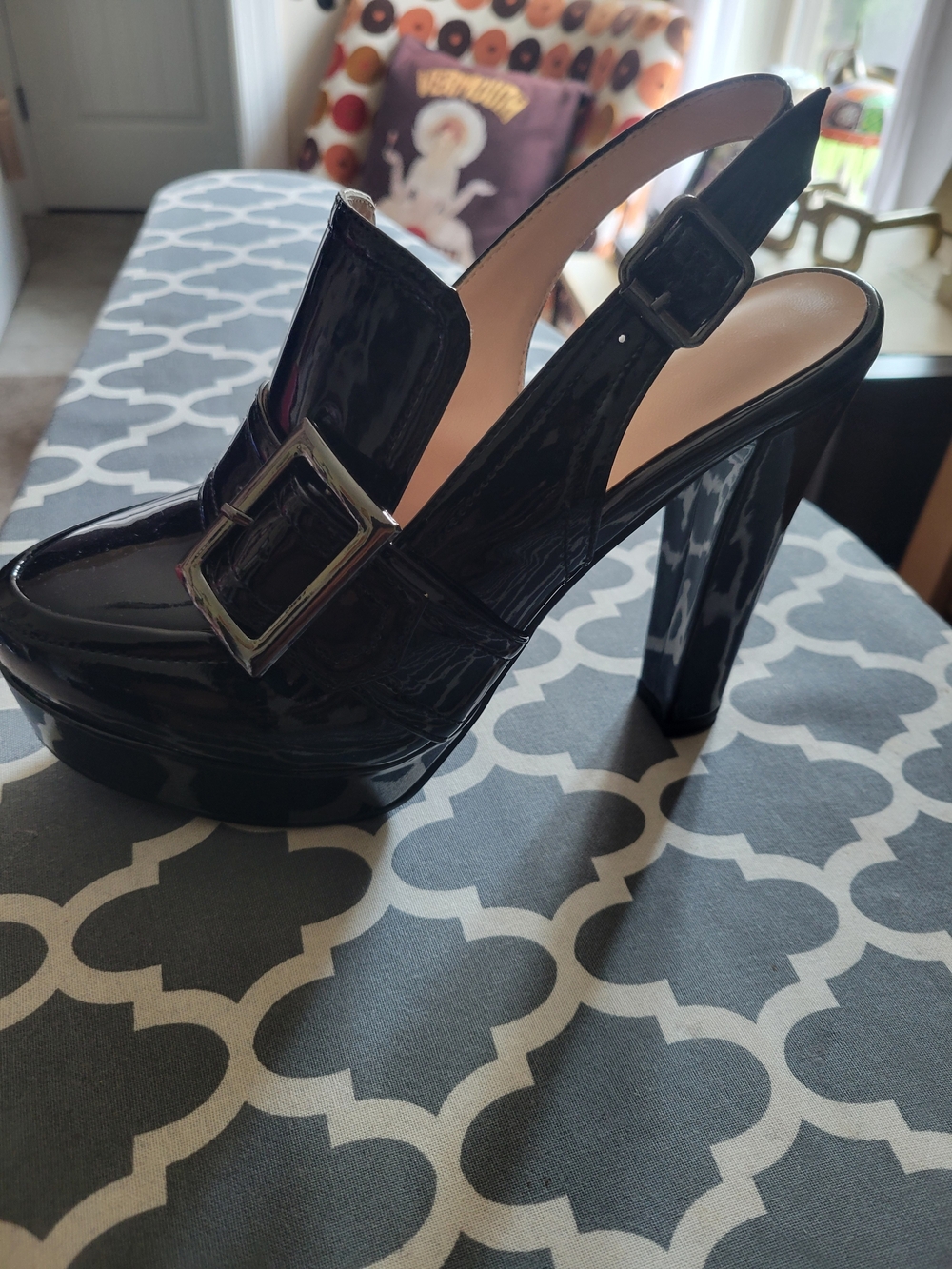 Black Patent High Heel Slingback Pumps with Buckle